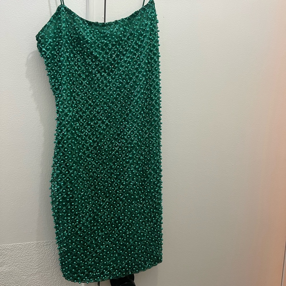 LUXXEL Emerald Green Beaded Mini Dress